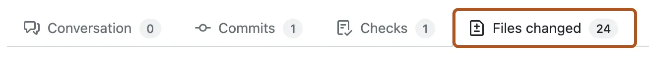 Captura de pantalla de las pestañas para un pull request. La pestaña "Archivos modificados" aparece en naranja oscuro